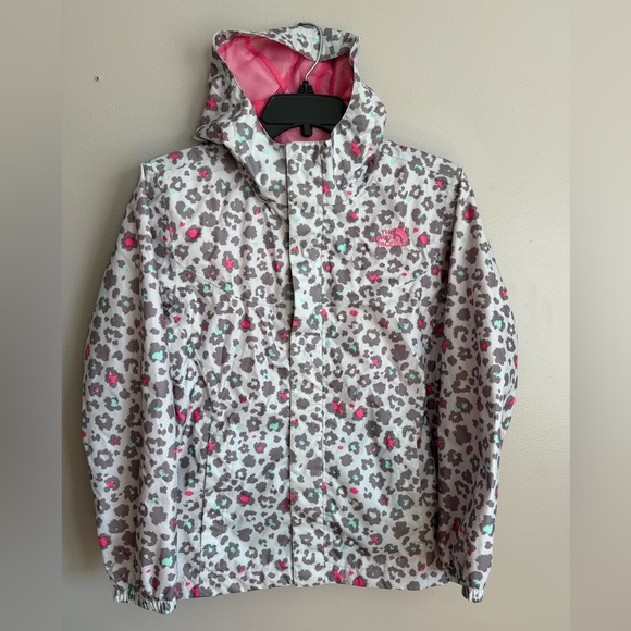 The North Face Kids Leopard Print Raincoat - Gray, Pink, and Green - Picture 1 of 4